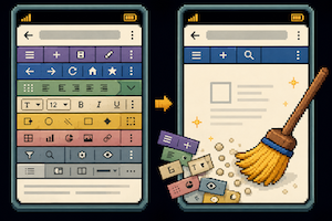 Pixel art of an app screen filling up with stacked toolbars, then a broom sweeping most of them away, retro two-panel before-and-after