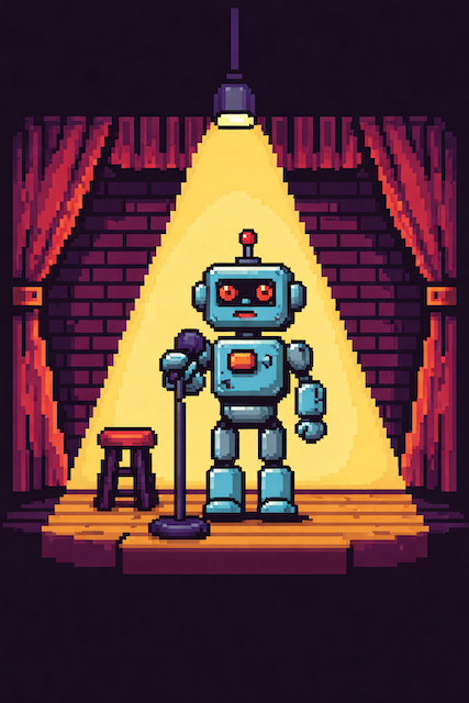 Pixel art illustration of AI trying to tell jokes