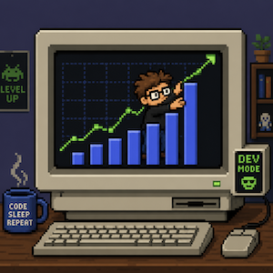 Pixel art of a retro analytics dashboard with a rising line chart, and a small developer figure secretly pushing the bars up from behind