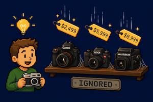 Pixel-art price tags falling across a blog, a music note, a film reel, and a phone app