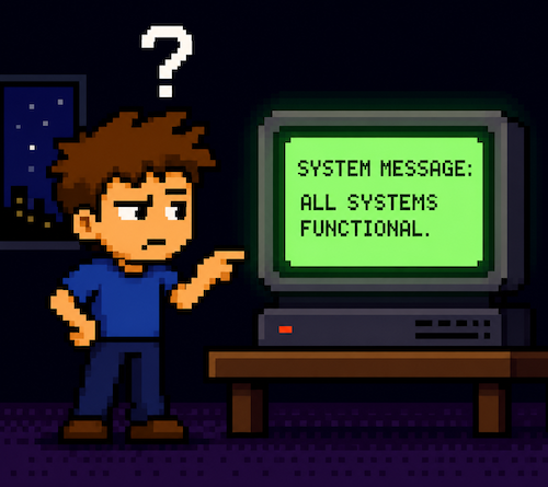 Pixel art illustration of a skeptical character questioning a glowing AI screen
