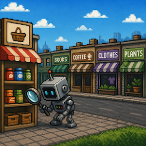 Pixel art of a robot with a magnifying glass searching one small shop shelf while a street of other shops stands unvisited behind it