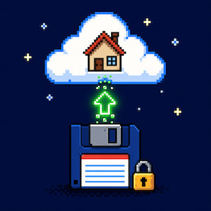A pixel-art floppy disk saving a tiny house into the cloud