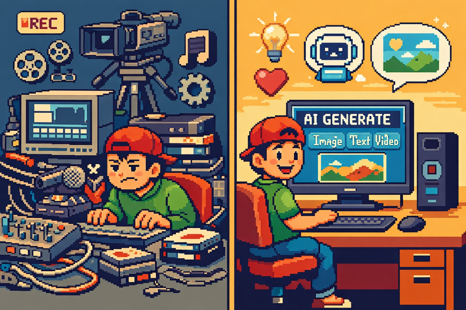 Pixel art illustration of creator evolution with AI tools
