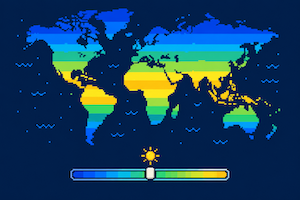 Pixel art of a world map split into horizontal bands of color, from dark blue in the north to yellow at the equator, with a small sun above a slider