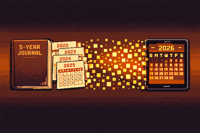 Pixel art illustration of a 5-year calendar journal transitioning from paper to digital