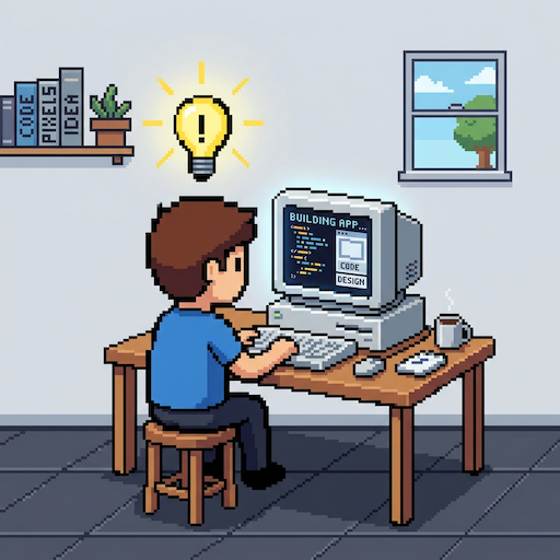 Pixel art illustration of person building software with AI