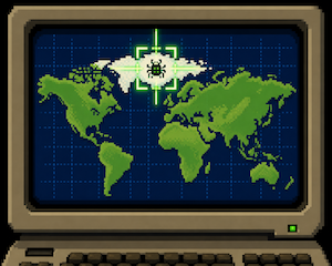 Pixel art of a world map on a retro screen, a glowing crosshair over the Arctic revealing a small hidden bug icon