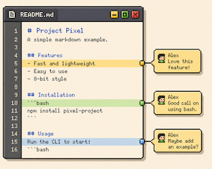 Pixel art illustration of a markdown document with speech-bubble comments pinned to the text