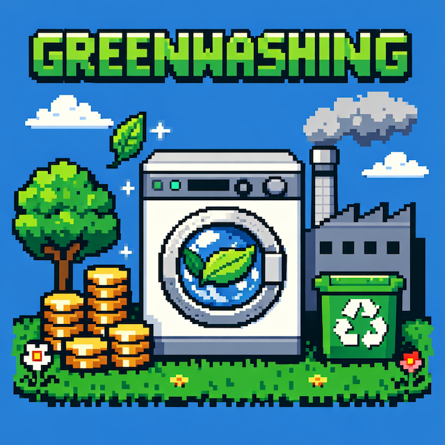 Pixel art illustration of greenwashing concept with green paint covering brown pollution
