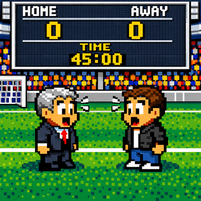 Pixel art illustration of a football manager with data charts