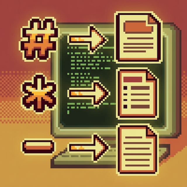 Pixel art illustration of markdown syntax transforming into documents