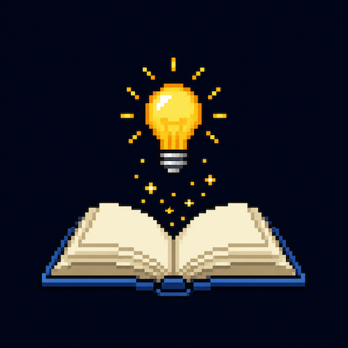 Pixel art illustration of a book opening with a single glowing idea floating out