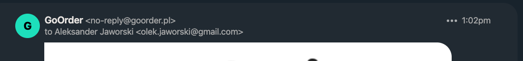 Email header showing the sender as GoOrder, no-reply at goorder.pl