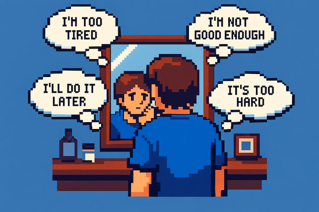 Pixel art illustration of someone making excuses
