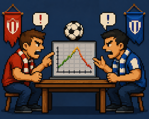 Pixel art illustration of two football fans arguing over a chart