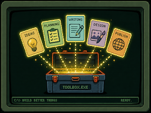 Pixel art of an open toolbox on a retro screen, five glowing labeled cards floating out of it like tools