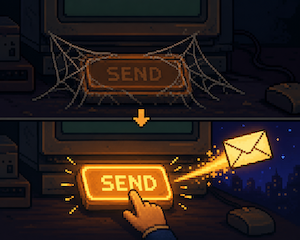 Pixel art of one envelope landing in an inbox, then many envelopes fanning out to a row of inboxes