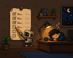 Pixel art of a checklist on a retro screen, items auto-checking themselves with a small robot hand