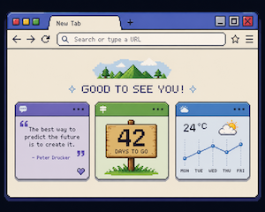 Pixel art of a retro browser start page with three small widget cards on it — a quote card, a number sign and a weather chart