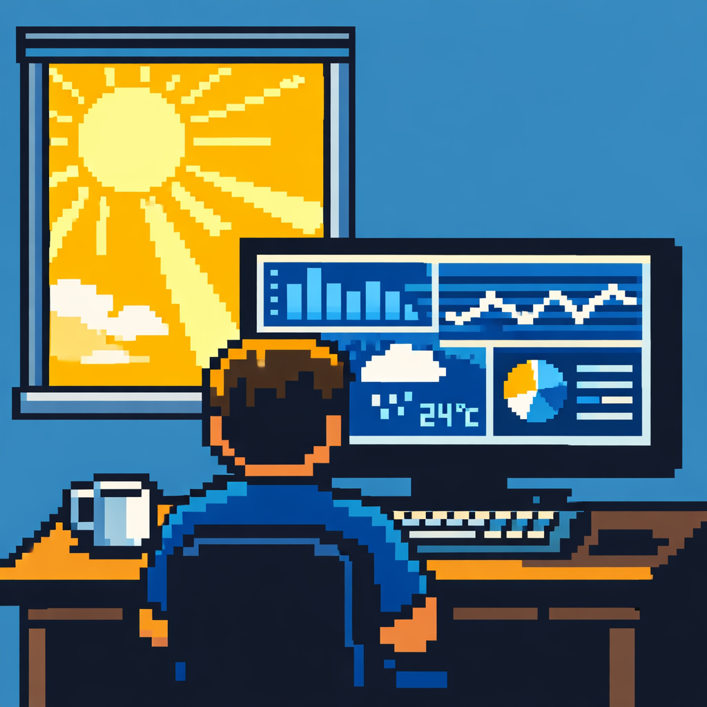Pixel art illustration of a person looking at weather data on a computer screen while sun shines outside the window