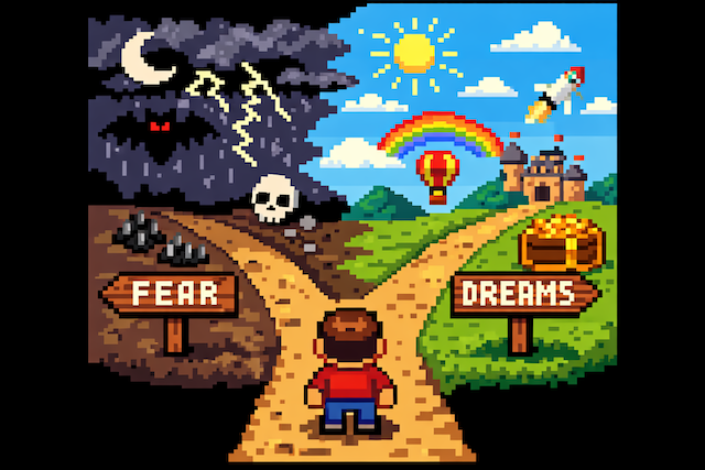 Pixel art illustration of overcoming fear and pursuing dreams