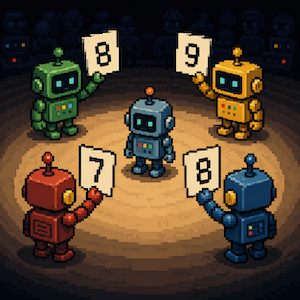 Pixel art of four small robots in a ring, each holding up a numbered scorecard, judging one in the middle